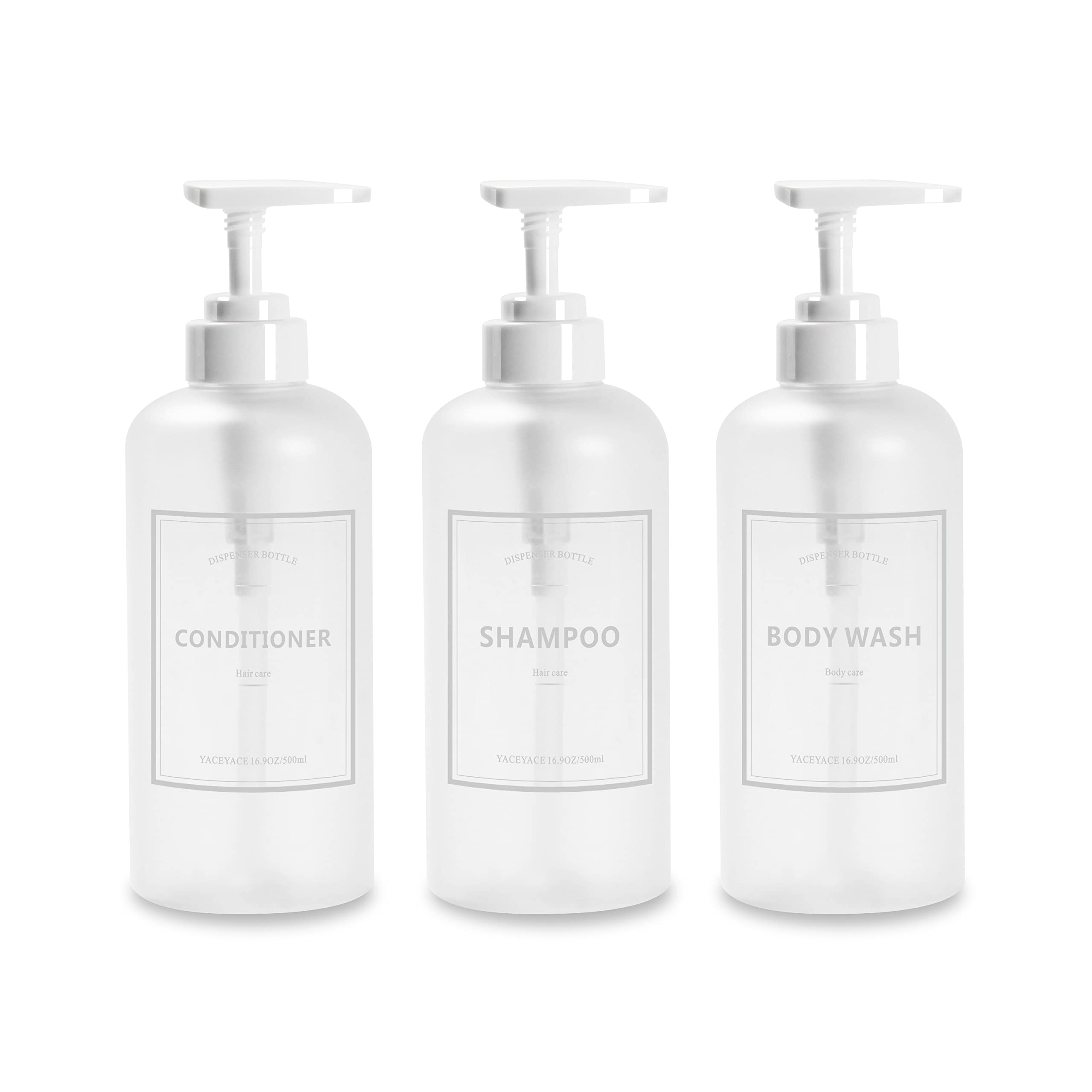 Shampoo Bottles Refillable with Pump, YACEYACE 3Pcs 16.9oz Matt Clear Empty Shampoo Dispenser, Shower Soap Dispenser, Refillable Shower Bottles with Labels, Conditioner Dispenser