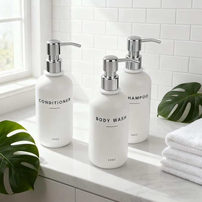Set of 3 Shampoo and Conditioner Dispenser Stainless Steel Pump Head - 16oz Durable Shower Soap Dispenser and Shampoo Bottles - Easy to Refill Bathroom soap Dispenser Set Bathroom Decor with Labels