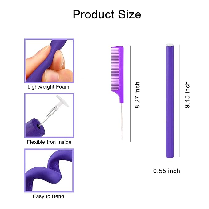 Beyoslf 9.45"x 0.55" Flexible Curling Flexirods, 30Pcs Heatless Bendy Foam Rods for Long, Medium, Short Hair Curls - Purple