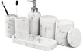 LIN CHUAN 6-Piece Bathroom Accessories Set, Organizer Set with Soap Dispenser, Toothbrush Holder Set, Vanity Tray, Tumbler & 2 Cotton Swab Jars – Modern Stylish Bathroom Storage(Marble White)