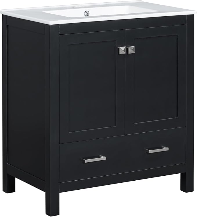 Bellemave 30" Bathroom Vanity with Sink Combo Set, Solid Wood Frame Bathroom Storage Cabinet with a Drawer, 2 Soft Closing Cabinet Doors with Organizer, Black