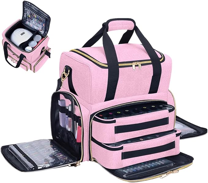 Nail Polish Organizer Case Large Capacity 80 Bottles(15ml/0.5fl.oz) Travel Storage Box with 2 Detachable Bags for Women's Nail Tools Essential Oils and Cosmetics Sets Pink