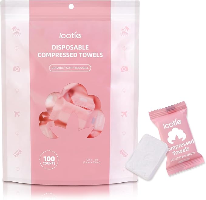 Compressed Towel 100 Pcs, Disposable Compressed Face Towels, 10×12 Inch Expanded, Portable Cotton Coin Tissues for Travel, Home, Camping & Outdoor Activities