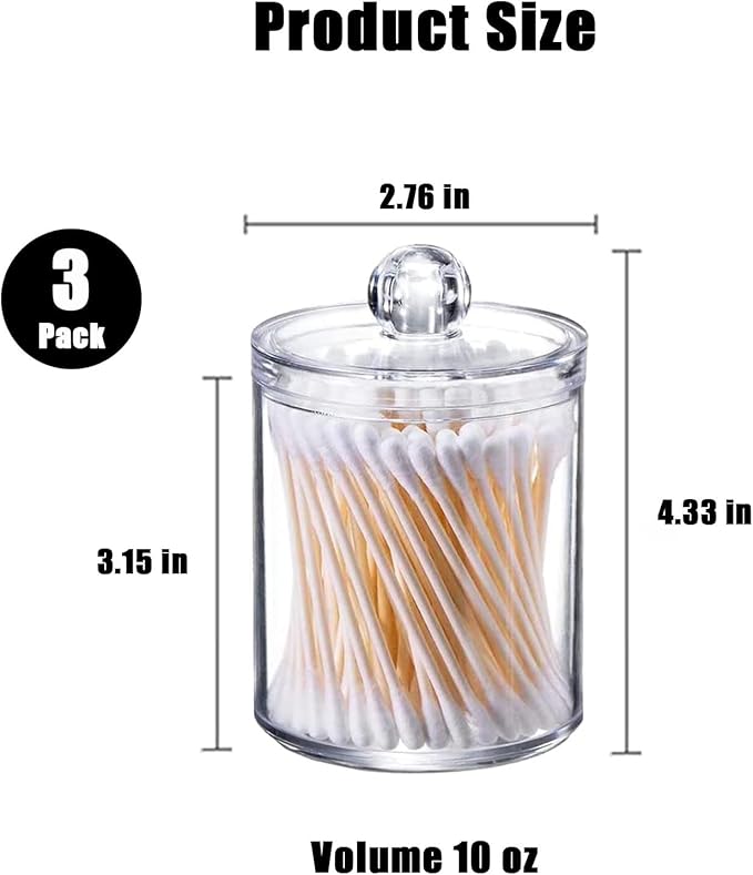 DIYOHFE 3PCS Acrylic Qtip Dispensers Holders With Clear lid, Clear Bathroom Round Countertop Storage Organizer Canister for Cotton Balls,Swabs,Pads,Bath Salts , Makeup Sponges,Tooth Floss