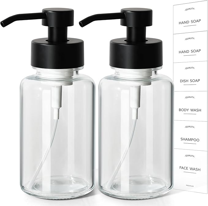 RACOBOT Foaming Hand Soap Dispenser, 14.1 oz/400ml Foaming Soap Dispenser, 2 Pack Glass Foaming Dispenser for Bathroom & Kitchen, Clear Refillable Liquid Dispenser Bottle with Waterproof Labels