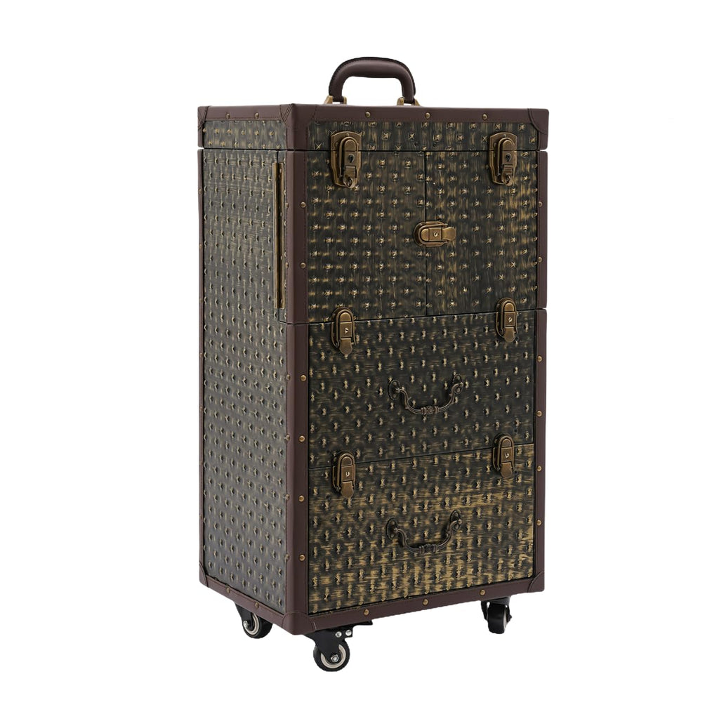 QUEWATSA Rolling Makeup Case Large Storage Cosmetic Trolley, Rolling Lockable Makeup Train Case, Stylist Beauty Salon Cosmetic Luggage Travel Organizer Tool Box with Hair Dryer Holder (Brown+Bronze)