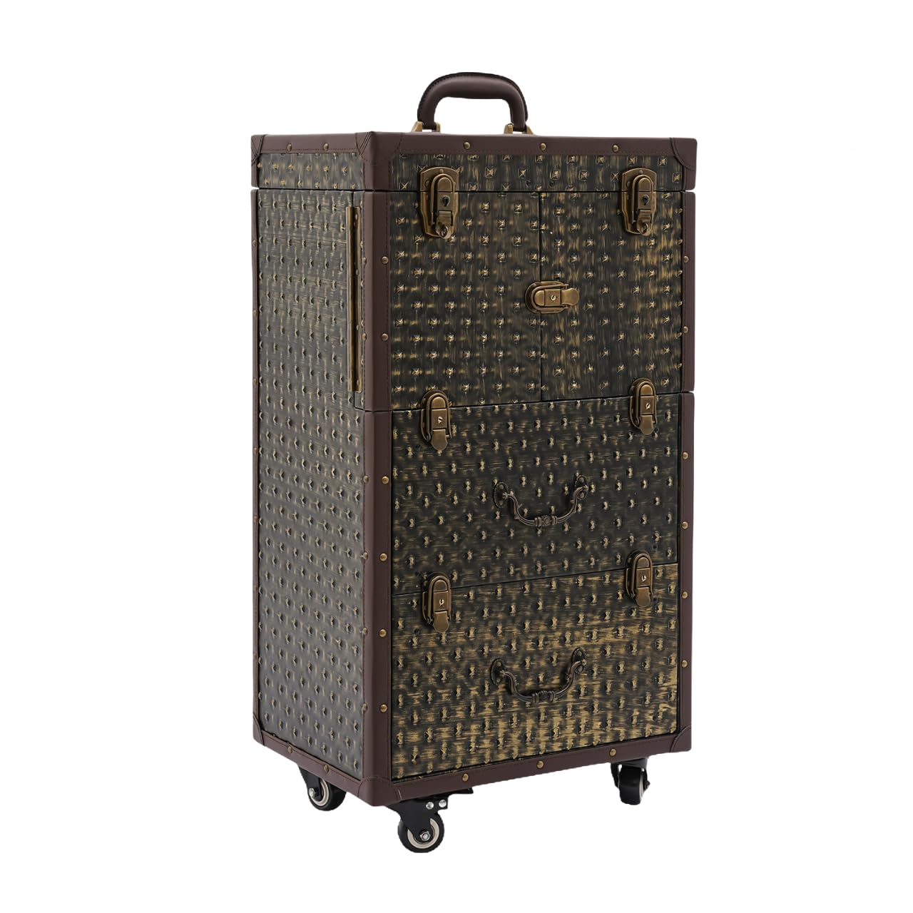 QUEWATSA Rolling Makeup Case Large Storage Cosmetic Trolley, Rolling Lockable Makeup Train Case, Stylist Beauty Salon Cosmetic Luggage Travel Organizer Tool Box with Hair Dryer Holder (Brown+Bronze)