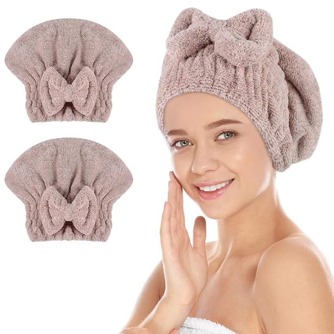 SUNLAND Large Microfiber Hair Drying Caps with Bow knot Fast Drying Shower Cap Soft and Absorbent hairWrap Hair Turban Bath Caps for Curly Thick and wet Hair 11 X 13.4 inch 2 Pack Brown
