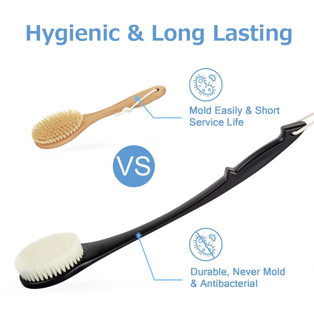 Body Back Scrubber – 17'' Long Handle Shower Brush, Durable Exfoliator for Dry & Wet Use, Deep Cleansing & Gentle Exfoliation for Smooth Skin – for Men, Women & Elderly (Black)