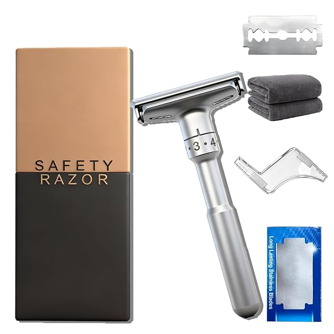 Travel Double Edge Safety Razor, Classic Safety Shaver Razor with Long Handle Adjustable (Razor with Beard Shaping Tool and Hot Compress Shaving Towel)