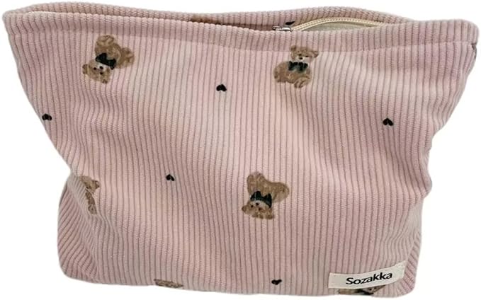 SxoSyo Corduroy Makeup Bags, Bear Cosmetic Purse, Pink