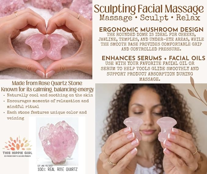 This Hippie Girl Gua Sha Mushroom Set, Rose Quartz Facial Toning and Yoga Sculpt Massage Tool, Jaw Sculpting Tools for Skin and Facial Treatment, 2 Gua Sha Mushrooms Facecare Tools