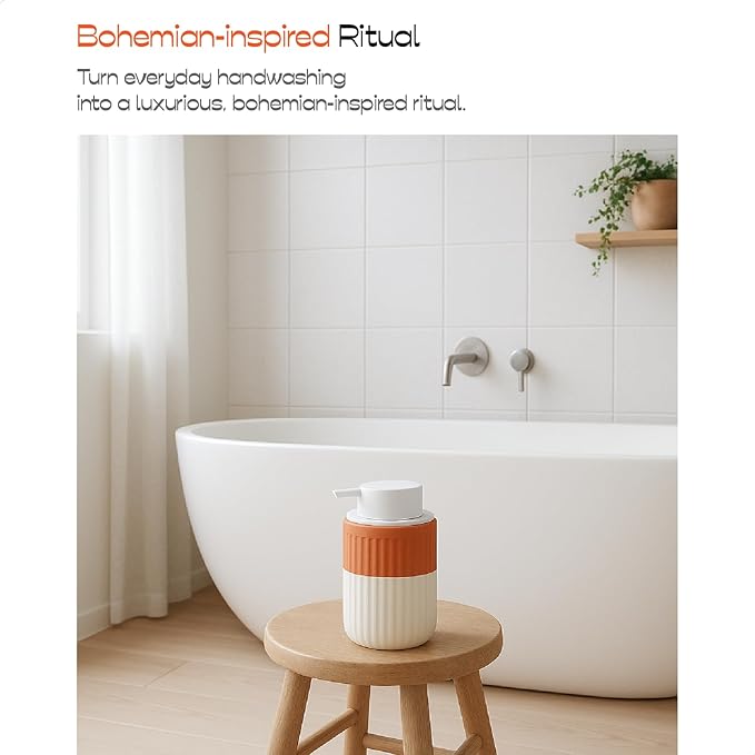 ABBI NIMO Hand Dipped Terracotta Ceramic Foam Soap Dispenser, 12 oz Rippled Bubble-Up Bottle with White Silicone Pump, Refillable Orange Hand Soap Dispenser for Bathroom