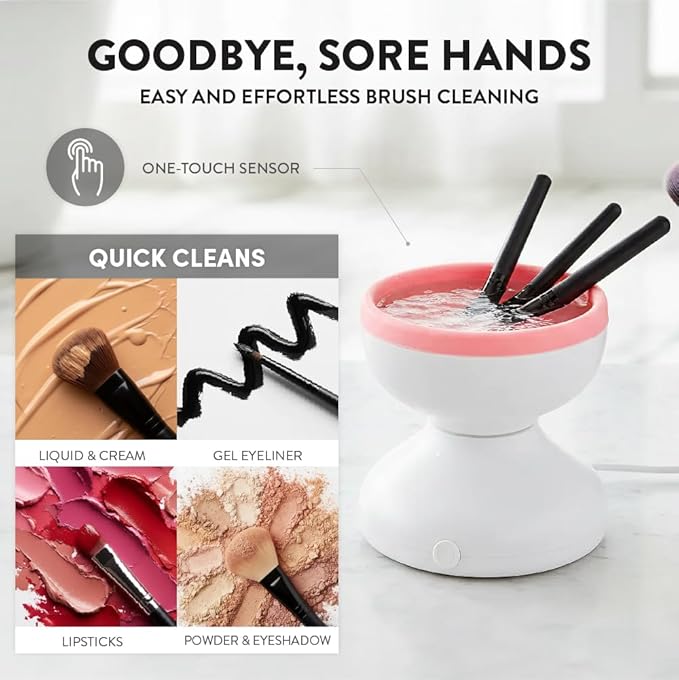 ÉCLAT Electric Makeup Brush Cleaner Machine, Remove Residue on Brush, Sponge, Powder Puffs, Cosmetic Tool Cleaner, No Batteries Needed, Portable Spinning Washer Saves Cleanser Solution (White/Pink)