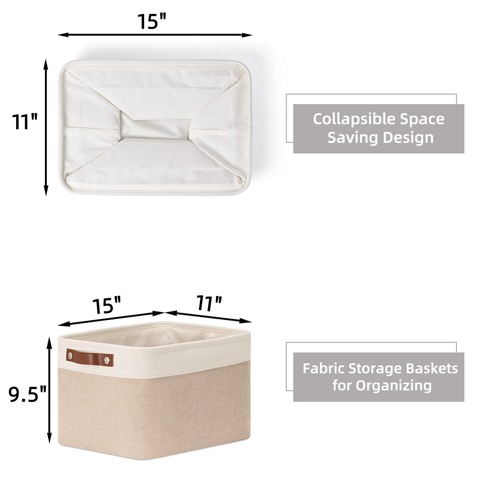 HNZIGE Fabric Storage Baskets for Shelves, Large Collapsible Storage Baskets for Organizing, Decorative Baskets Bins Set with Handles for Closet, Clothes,Home (3 Pack, White&Khaki,15" x 11" x 9.5")