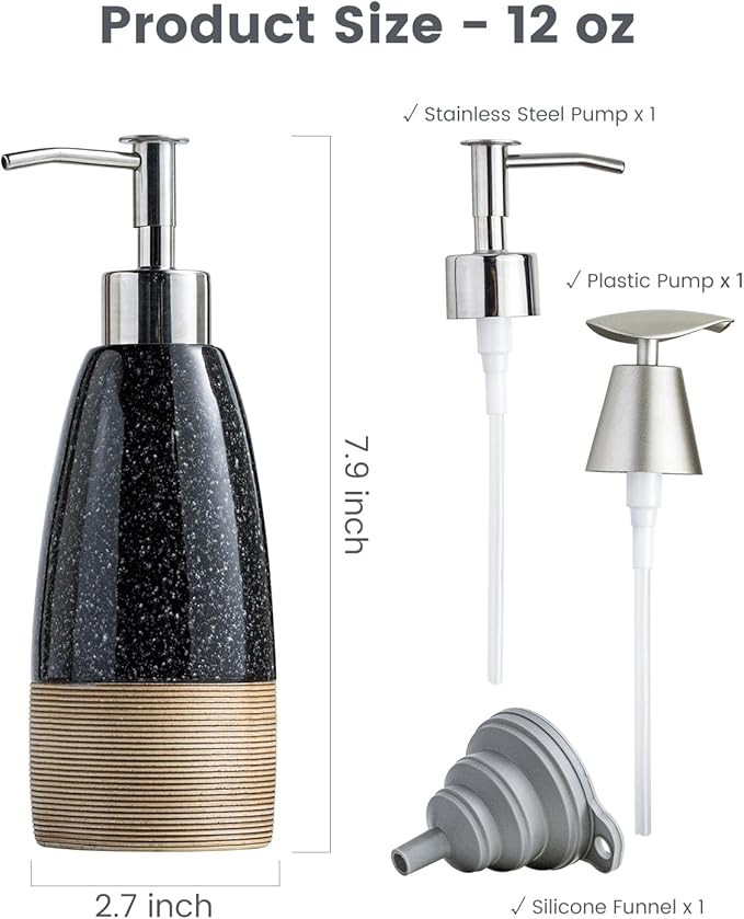 Ceramic Dish Soap Dispenser with 2 Pumps for Hand Soap, Shampoo, Lotion, Conditioner, 12 oz Refillable Soap Bottle with Silicone Funnel for Mother's Day Bathroom & Kitchen, Black