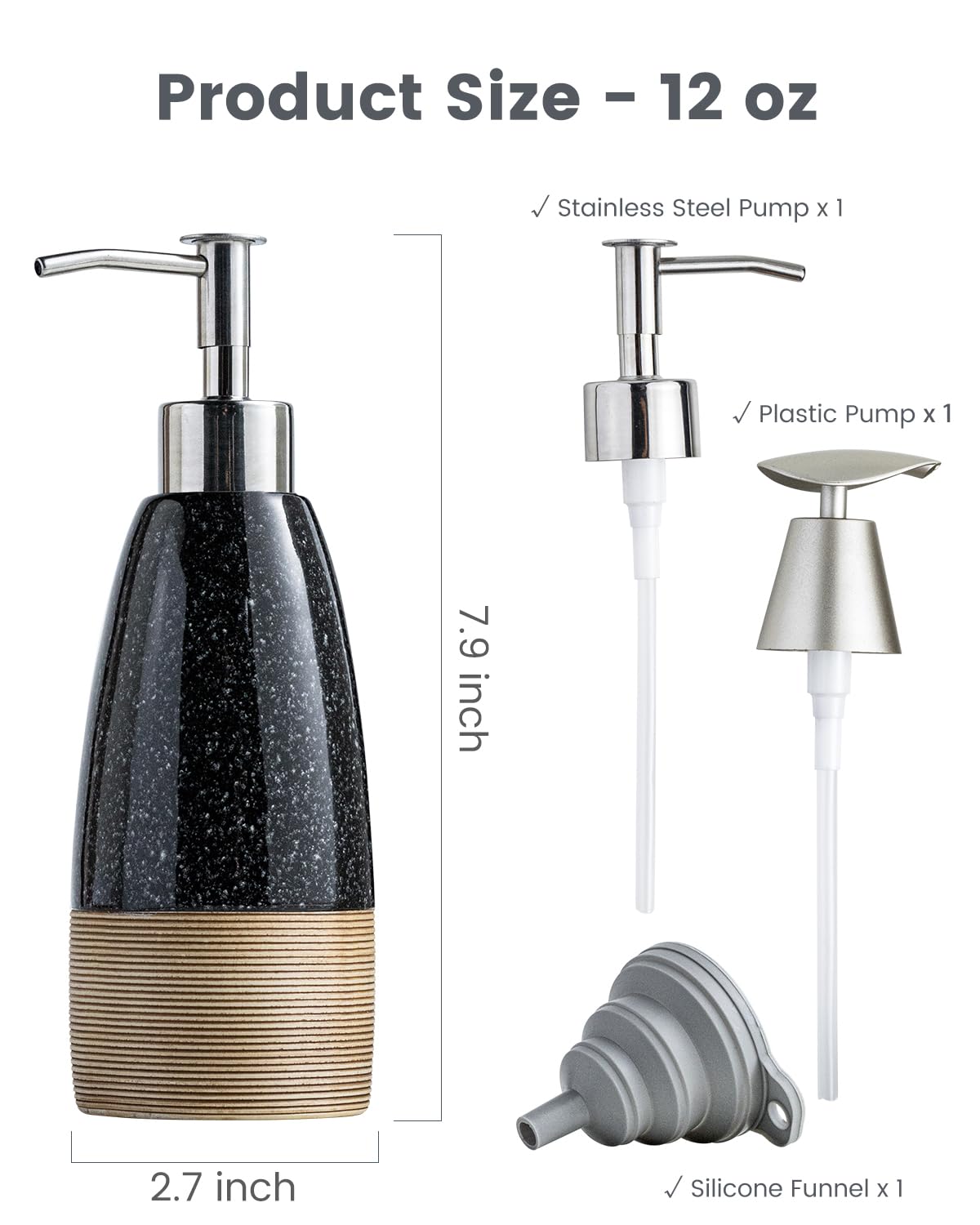 Zoeeker Ceramic Dish Soap Dispenser with 2 Pumps for Hand Soap, 12 oz