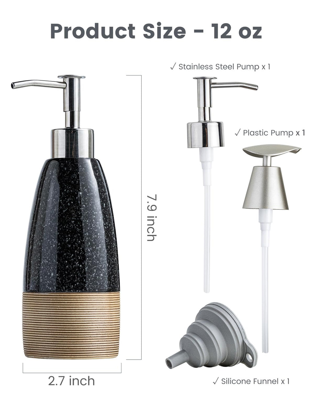 Zoeeker Ceramic Dish Soap Dispenser with 2 Pumps for Hand Soap, 12 oz