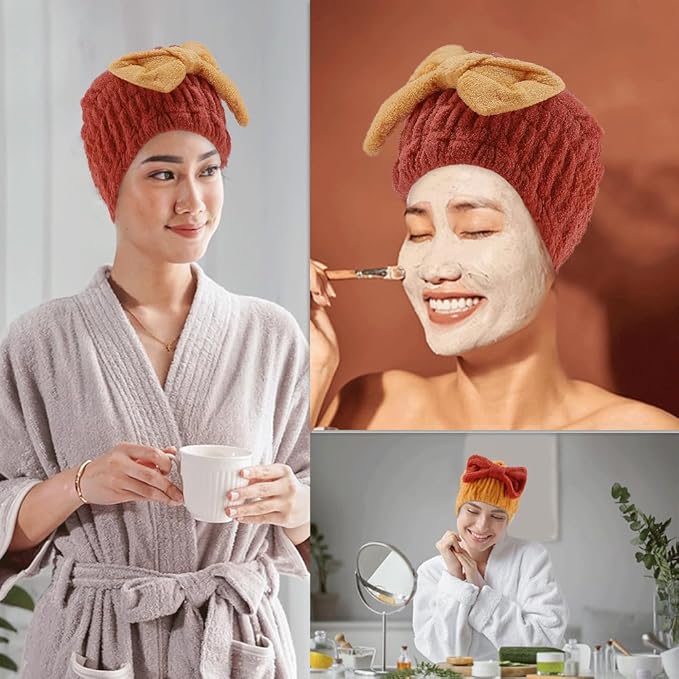 Tihebax 2Pcs Microfiber Hair Towel Wrap for Women Hair Drying Cap Hair Plopping Cap Hair Drying Towel Wrap Head Towels Wrap for Women Curly Hair (Red and Yellow)