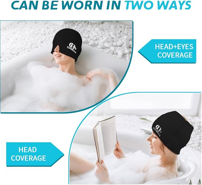 Migraine Relief Cap, Soothing Headache Ice Face Mask Products, Hot and Cold Therapy, Migraine Headache Relief Cap for Migraine, Sinus, Puffy Eyes, Tension, Stress and Hangover (Black+Blue2)