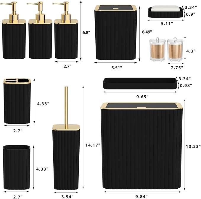 InnJoey Bathroom Accessory Set - Bathroom Set, 12PC Bathroom Accessories Set, Black Bathroom Accessories Set, Mini Trash Can, Toilet Brush, Trash Can & Soap Dispenser