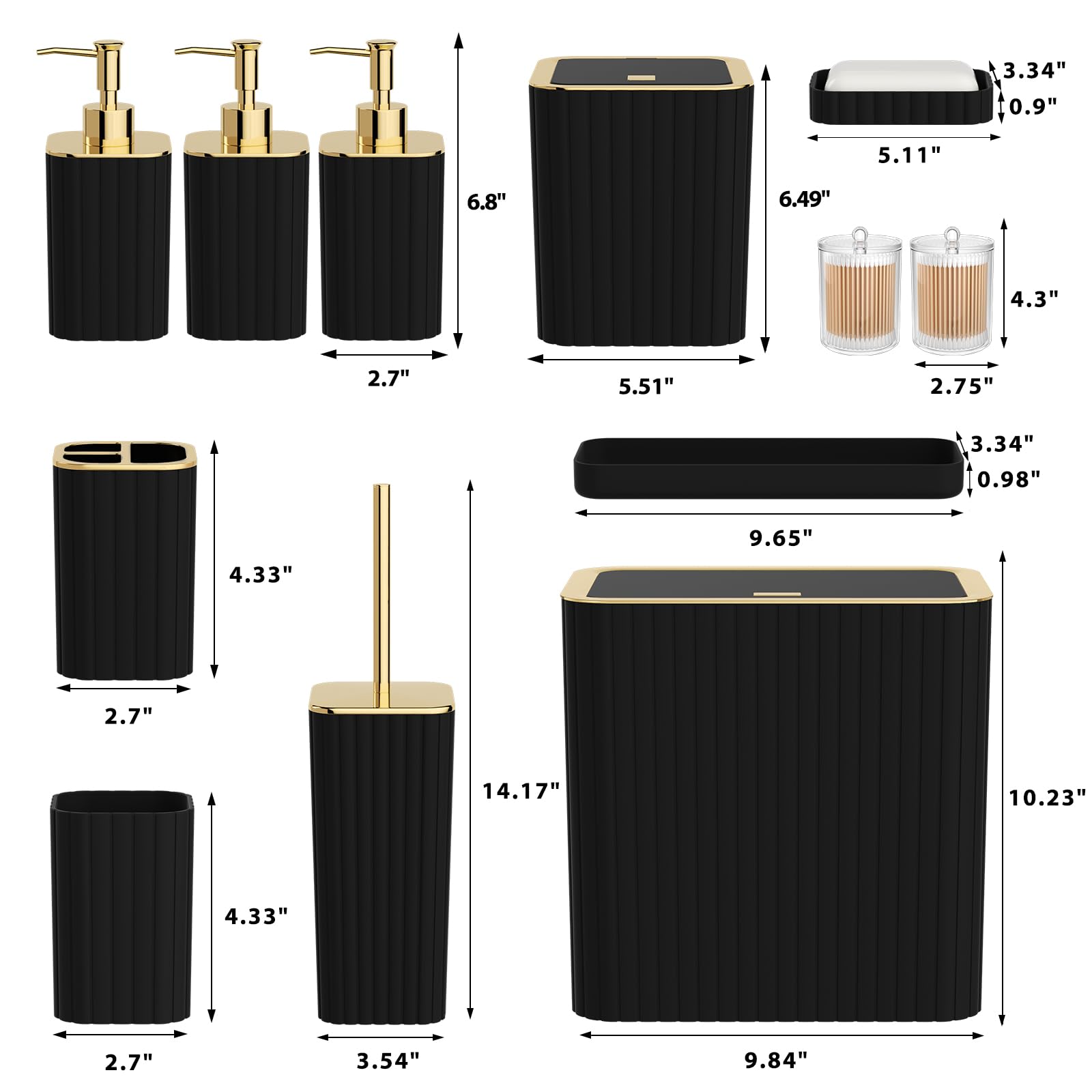 InnJoey Bathroom Accessory Set - Bathroom Set, 12PC Bathroom Accessories Set, Black Bathroom Accessories Set, Mini Trash Can, Toilet Brush, Trash Can & Soap Dispenser
