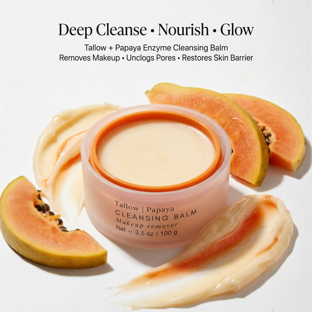 Tallow Cleansing Balm - With Grass-fed Beef Tallow, Papaya Enzyme | Waterproof Makeup Remover Balm | Natural Face Cleanser Oil | Sulphate Free | for sensitive skin, MADE IN USA - 3.5 oz/ 100 g