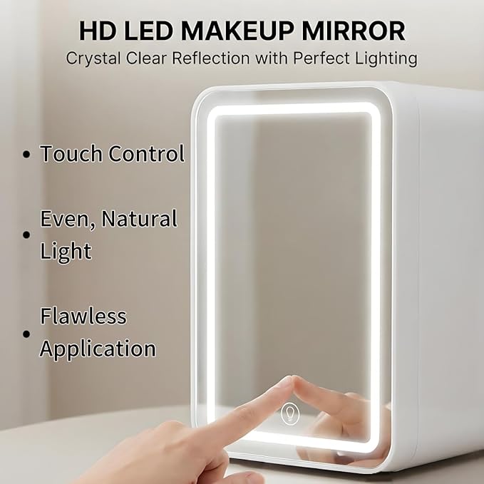 Lispin Mini Fridge for Bedroom, 4L Skincare Fridge with Dimmable LED Light Mirror for Dorm & Office, Portable Cooler & Warmer Small Compact Refrigerator for Skincare, Makeup and Cosmetics