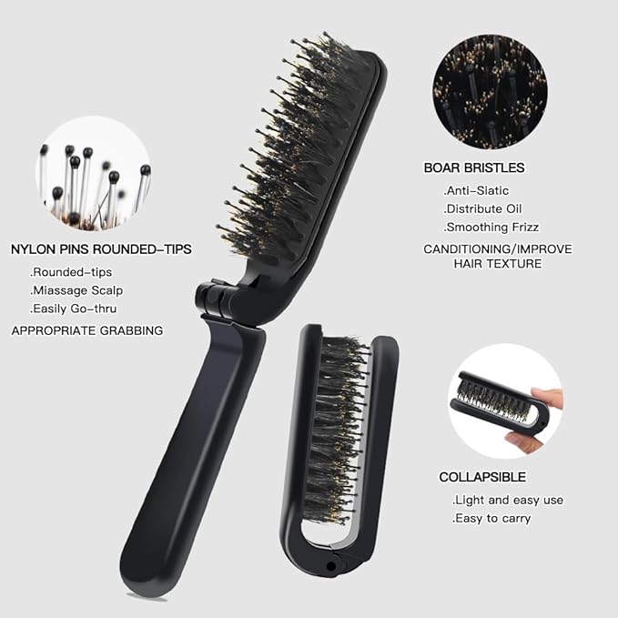 Aozzy 6Pcs Travel Boar Bristle Folding Hair Brush with Retractable Band for Thin/Thick Hair, Mini Brush for Women's Hairstyles, Men's Hair & Beard - Great for Purse/Pocket