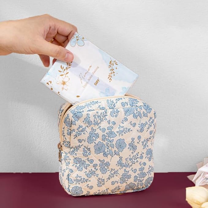 HAPPYHEIDI Floral Quilted Cotton Drawstring Makeup Bag Set 2 Compartment Cosmetic Toiletry Travel Pouch Accessory purse Organizer, Blue Orchids