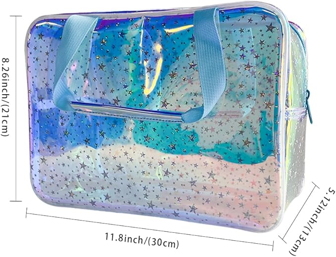 TotePrint TPU Holographic Blue Clear Star Large Cosmetic Bag and Travel Pouch with Handle,Durable TPU Material,Zipper Design-Ideal for Makeup,Travel Essentials (Holographic Blue)