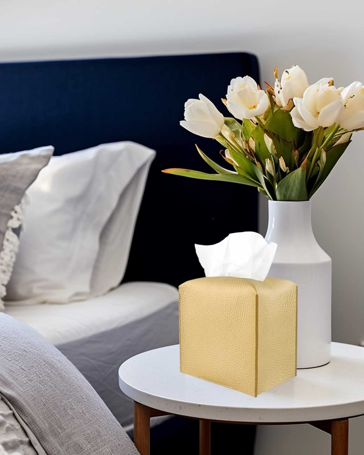 Gold Tissue Box Cover Leather – Tissue Holder with Bottom Belt by JESMINI, Decorative Aesthetic PU Leather Tissue Box Holder for Bathroom Home Office Decor