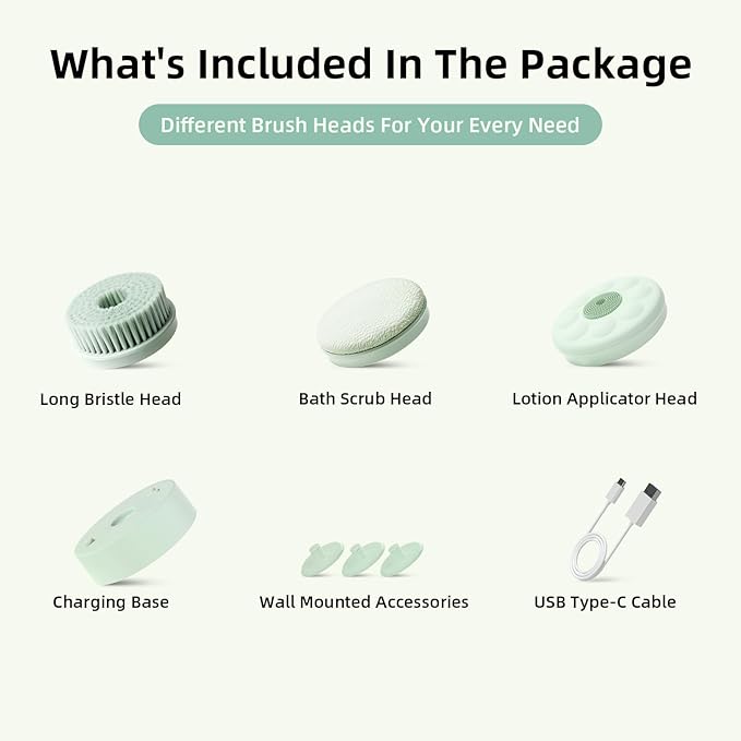 Oh,XIYU. Electric Body Brush Back Scrubber for Shower, Waterproof Long Dual Handle Body Scrubber with 3 Heads, Bath Brush & 2 Speeds, for Cleansing, Exfoliating and Massaging Skin, Pale Cypress Green