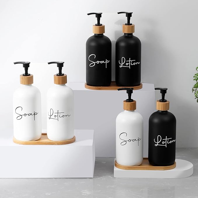 17 oz Hand Soap Dispenser Empty Glass Lotion Pump Bottles, Refillable Liquid Dish Soap Bottles for Bathroom Decor, Kitchen Sink, Matte Design and Wood Tray, Pack of 2, Black + White