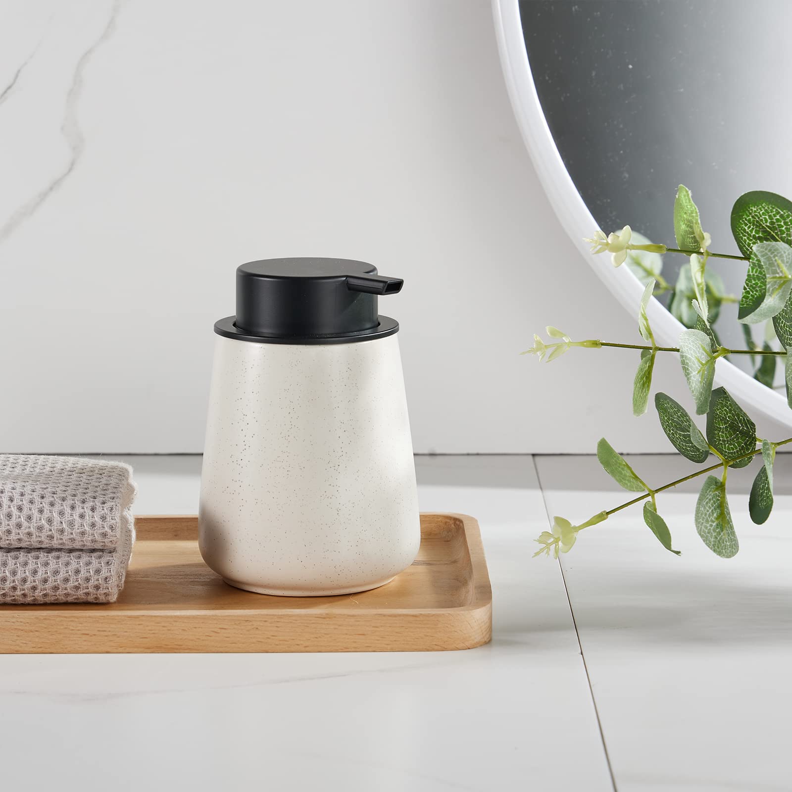 12Oz Ceramic Liquid Soap Dispenser - Modern Lotion Hand Soap Dispenser with Easy-to-Press Black Pump, Reusable and Refillable Dish Soap Dispensers for Bathroom & Kitchen, Speckled Matte Beige