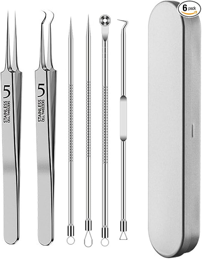 6Pcs Blackhead Remover Tool Kit – Precision Tweezers, Pimple Popper, Milia/Ingrown Hair Extractor, Comedone Clip Set for Nose/Eye/Face Skin Blemish, Beauty Care for Women & Girls