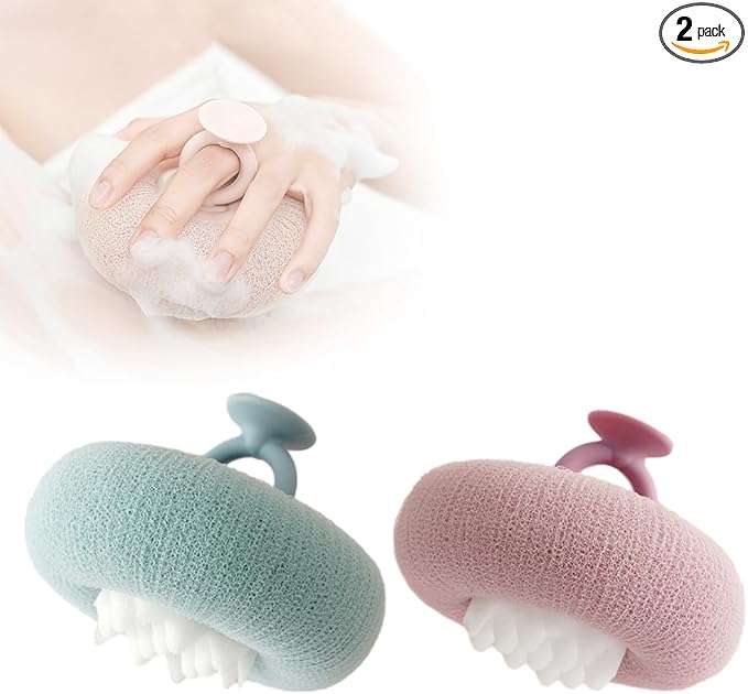 Super Soft Sunflower Suction Cup Bath Ball, 2026 Upgraded 2-in-1 Sunflower Bath Ball Exfoliating Bath Sponge Cleaning Brush, Sponge Mesh Pouf Shower Ball for Women, Men Shower (Purple+Green)