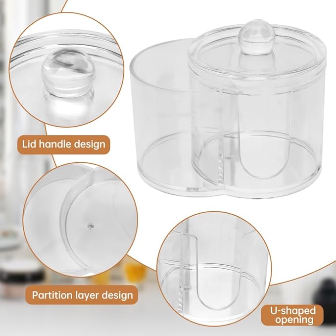 Zornaveli Q Tip Holder, 2-Grid Acrylic Cotton Swab & Cotton Pad Holder, 2 PCS Qtip Holder with Dustproof Lid for Bathroom,With 2 Pack of Qtips, Dressing Table Round Container