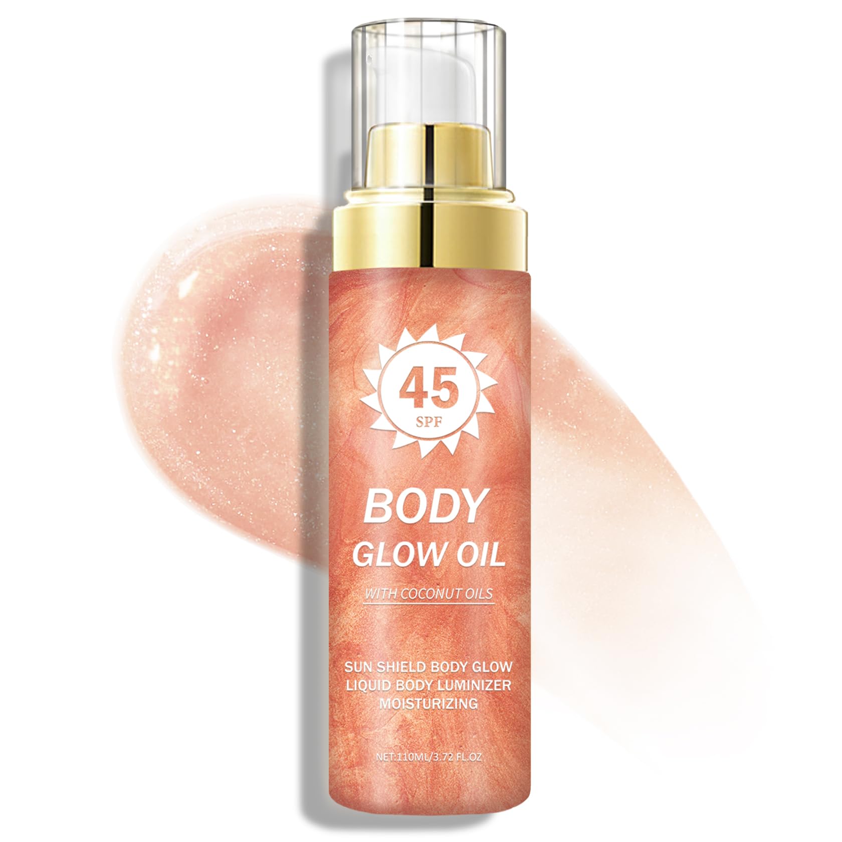 LZXLUKGIR Shimmer Body Oil,SPF 45 Broad Spectrum,Shimmer Sunscreen with Rose Gold Mica,Lightweight Non-Sticky Body Glow Oil,Absorbs Quickly,3.72 fl oz,ROSE