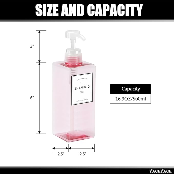 YACEYACE Pink Shampoo and Conditioner Set of 3, 16.9oz Clear Shampoo Bottles with Pump Dispenser, Body Wash Dispenser, Shower Bottles