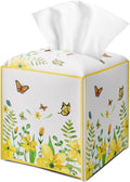 Yellow Floral Butterfly Tissue Box Cover Square with Bottom Belt, Leather Waterproof Tissue Holder Facial Paper Case for Tabletop Home Office Bathroom Car Decor -06