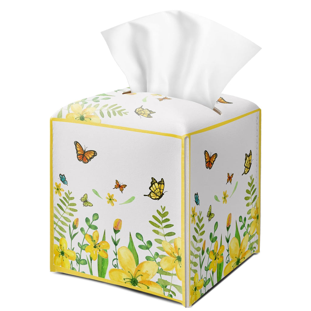 Yellow Floral Butterfly Tissue Box Cover Square with Bottom Belt, Leather Waterproof Tissue Holder Facial Paper Case for Tabletop Home Office Bathroom Car Decor -06