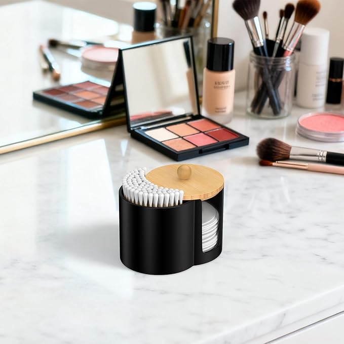 PENGARO Cotton Pad Swab Holder, Q tip Holder Round Makeup Pads Dispenser Small Plastic Swabs Dispenser with Lid, Bathroom Accessories Storage Organizer for Floss Picks, Black