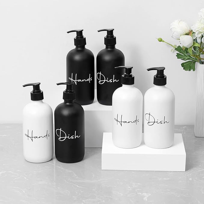 17 oz Hand Soap Dispenser Glass Liquid Dish Soap Bottles, Refillable Empty Lotion Pump Bottles for Bathroom Decor, Kitchen Sink, Matte Design, White, Pack of 2