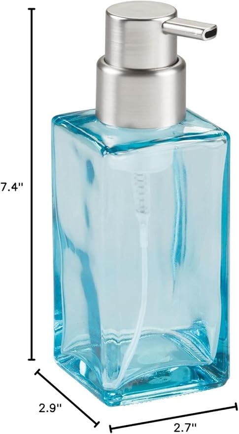 mDesign Glass Refillable Foaming Hand Soap Dispenser Modern Square Pump Bottle for Bathroom Vanity or Kitchen Sink, Countertops - Casi Collection - 2 Pack - Blue/Brushed, Clear/Brushed