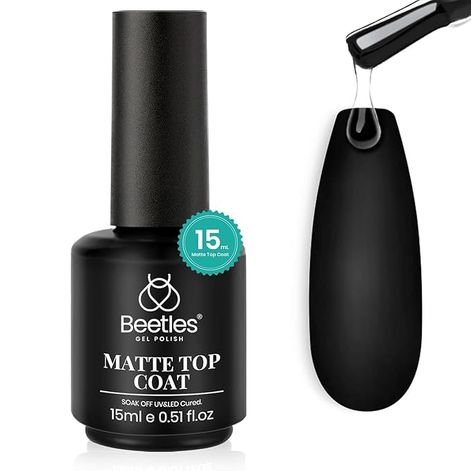 Beetles Matte Gel Top Coat,0.51 fl oz / 15 ml No Wipe Top Coat for Gel Nail Polish,Powder-Resist Matte Finish for Chrome Powder Nail Art,UV/LED Cure