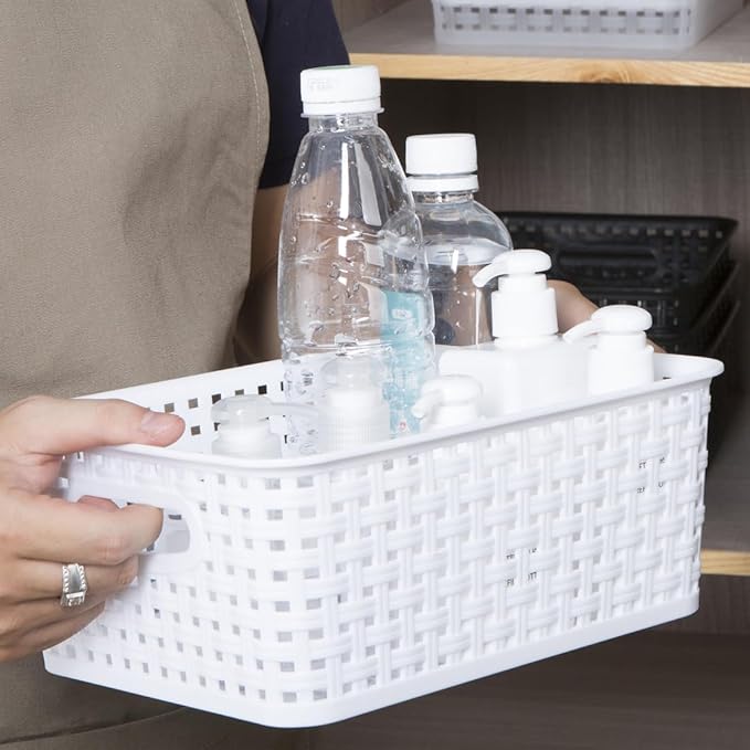 White Plastic Woven Storage Baskets, 6-Pack Weave Basket Organizer for Kitchen Office Bathroom