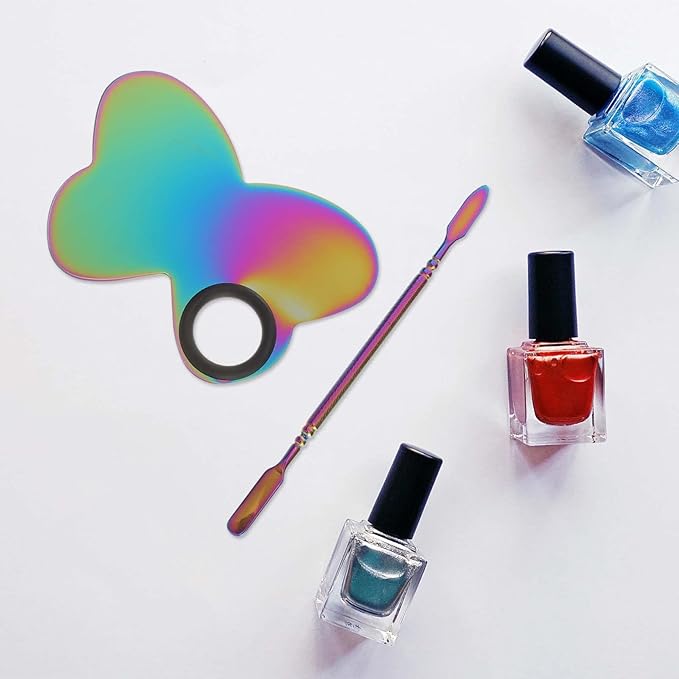 KALLORY Butterfly Nail Art Palette with Stainless Steel Makeup Spatulas for Cosmetic and Nail Color Mixing at Home or Salon