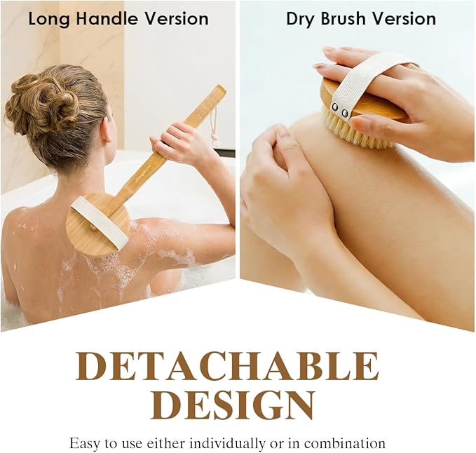 JingSoft Detachable Dry Brushing Body Brush, Natural Boar Bristle Back Scrubber for Shower for Men and Women with Long Handle for Exfoliation and Lymphatic