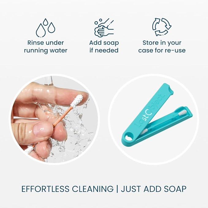 LastSwab® Reusable Cotton Swabs & Reusable Q-Tips - Washable Silicone Ear Swabs, Ear Cleaner & Wax Removal Tool - Eco-Friendly Zero Waste Single-Use Qtips Alternative - Travel Case Holder - Turquoise